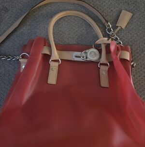Red Leather MICHAEL KORS Tote with Tan Trim and Signature Medallion